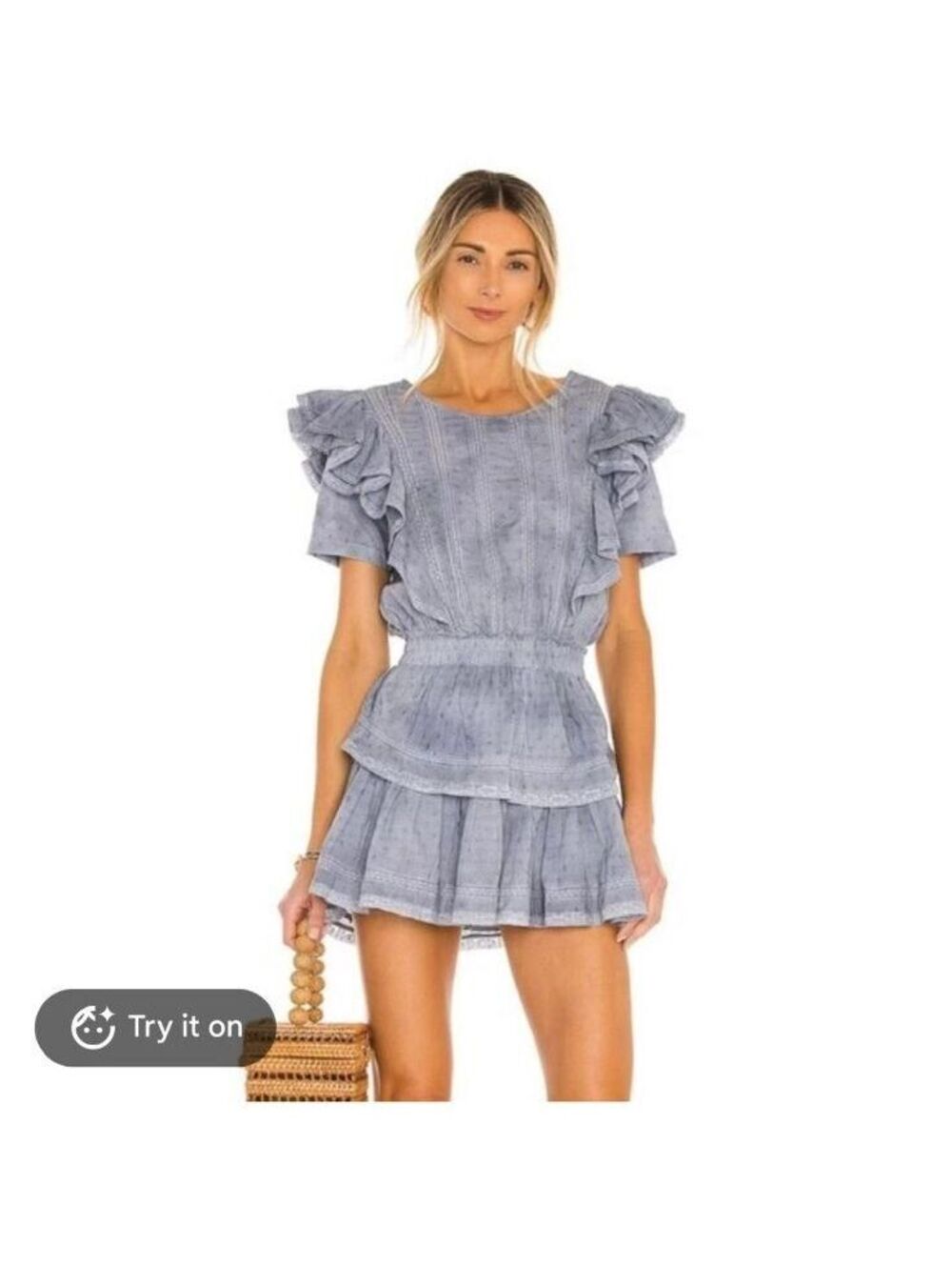 LoveShackFancy Ruffled Cotton Mini Dress Natasha Denim Blue XS